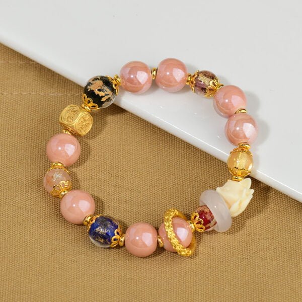 Pink Ash Gray Porcelain Gold Foil Single-loop Bracelet with Nine-tailed Fox Running Ring Women's Bracelet (Temple)