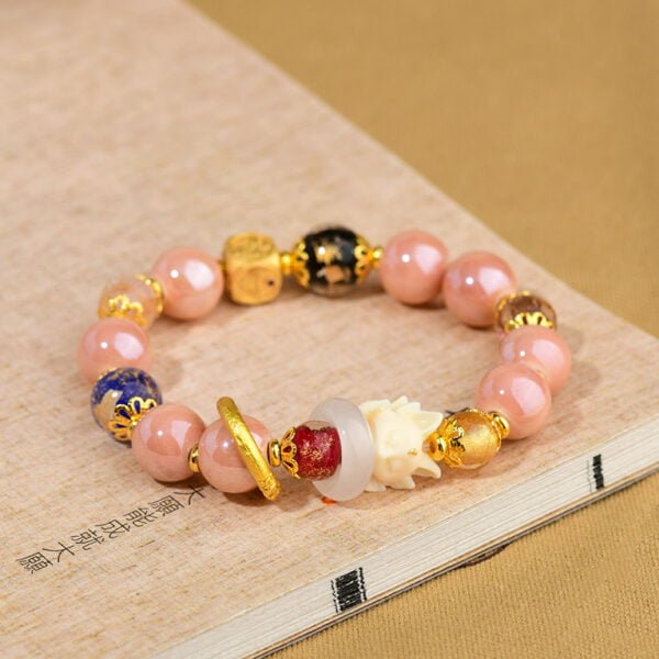 Pink Ash Gray Porcelain Gold Foil Single-loop Bracelet with Nine-tailed Fox Running Ring Women's Bracelet (Temple) - Image 2