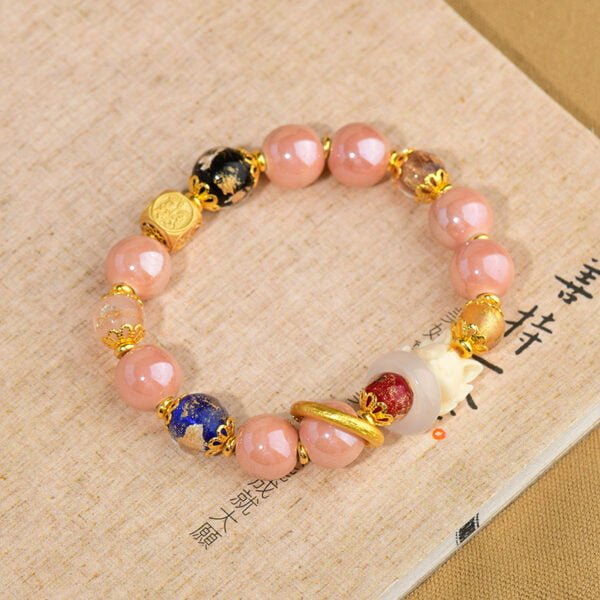 Pink Ash Gray Porcelain Gold Foil Single-loop Bracelet with Nine-tailed Fox Running Ring Women's Bracelet (Temple) - Image 4