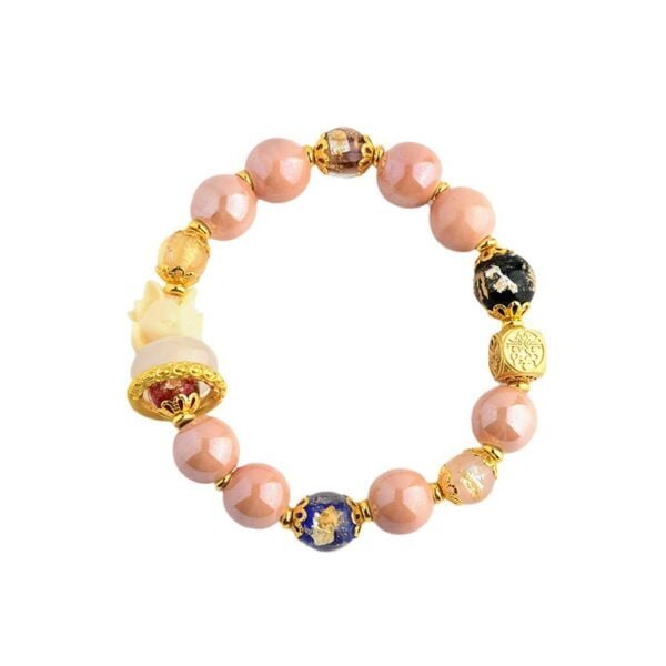 Pink Ash Gray Porcelain Gold Foil Single-loop Bracelet with Nine-tailed Fox Running Ring Women's Bracelet (Temple) - Image 6