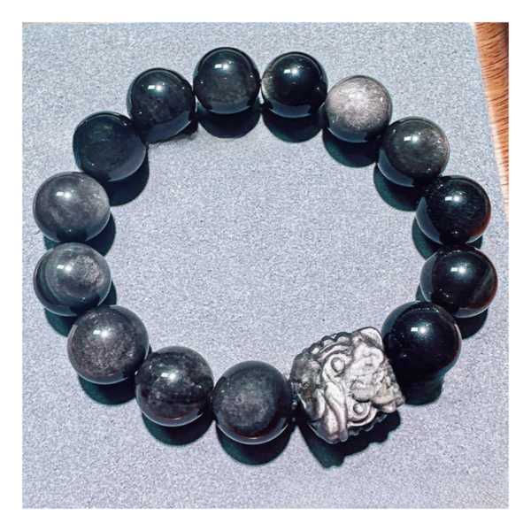 Natural 7A Silver Labradorite Lion Wake Black Obsidian Couples Bracelet