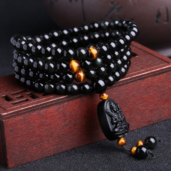 Natural Black Obsidian Buddha Akasagarbha Guardian Multi-loop Bracelet - Image 2