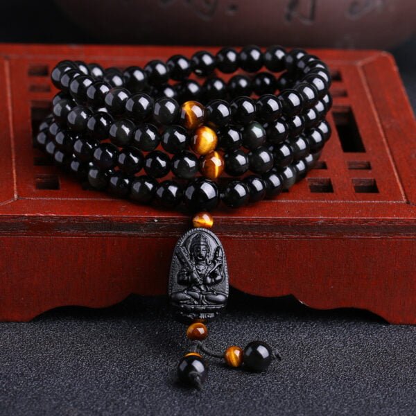 Natural Black Obsidian Buddha Akasagarbha Guardian Multi-loop Bracelet - Image 3