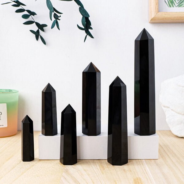 Natural Crystal Black Obsidian Hexagonal Prism/Pointed Energy Stone Home Decor - Image 4