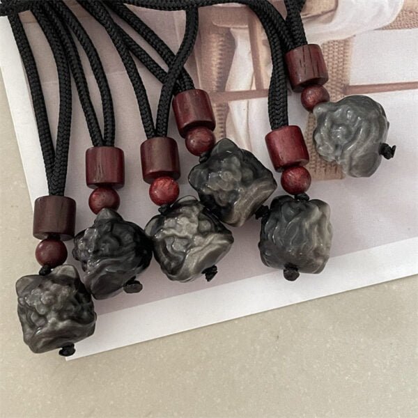 Natural Black Obsidian Lion Pendant Necklace