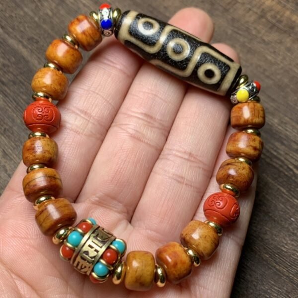 Agate Nine-Eyed Heavenly Bead with Yak Bone Bracelet - Image 4