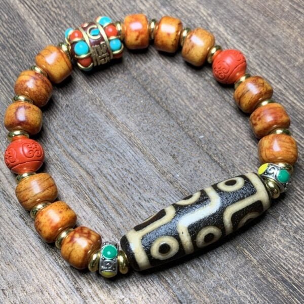 Agate Nine-Eyed Heavenly Bead with Yak Bone Bracelet - Image 3