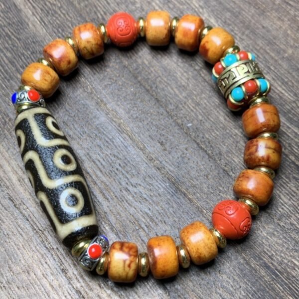 Agate Nine-Eyed Heavenly Bead with Yak Bone Bracelet - Image 2