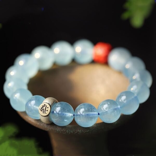 Natural Ice Blue Aquamarine Bracelet 10mm with Bodhisattva Gemstone Charm