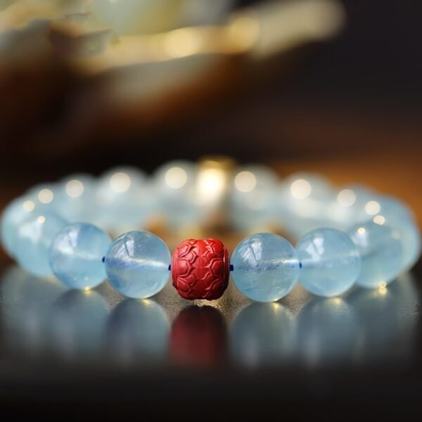 Natural Ice Blue Aquamarine Bracelet 10mm with Bodhisattva Gemstone Charm - Image 4