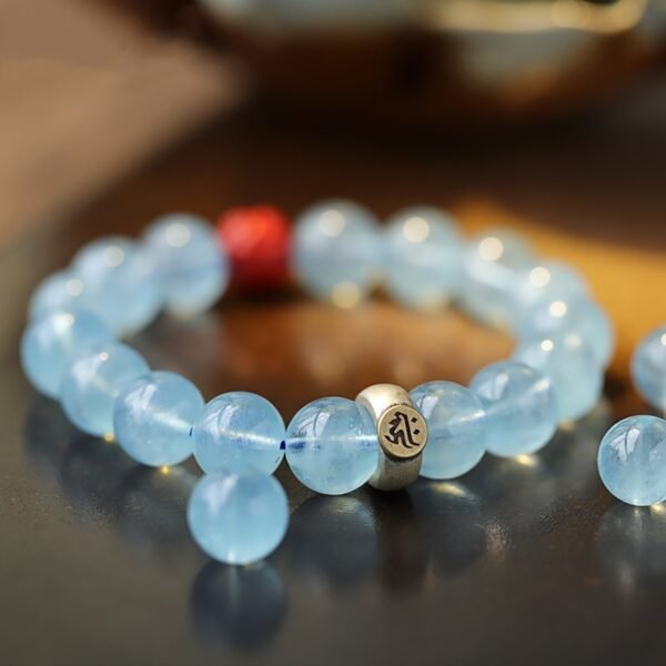 Natural Ice Blue Aquamarine Bracelet 10mm with Bodhisattva Gemstone Charm - Image 3