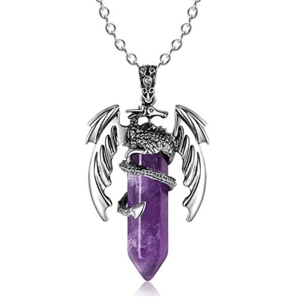 Natural Amethyst Hexagonal Prism Double-Tipped Vintage Pterosaur Necklace